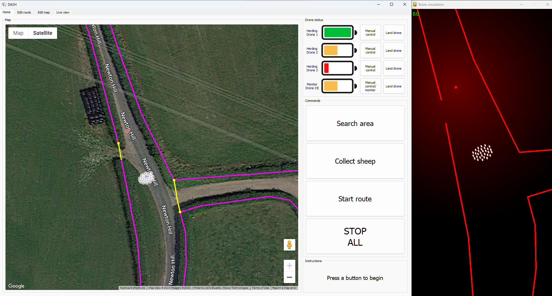 Screenshot of the HRI, overlaying the simulated sheep and drone locations on the map